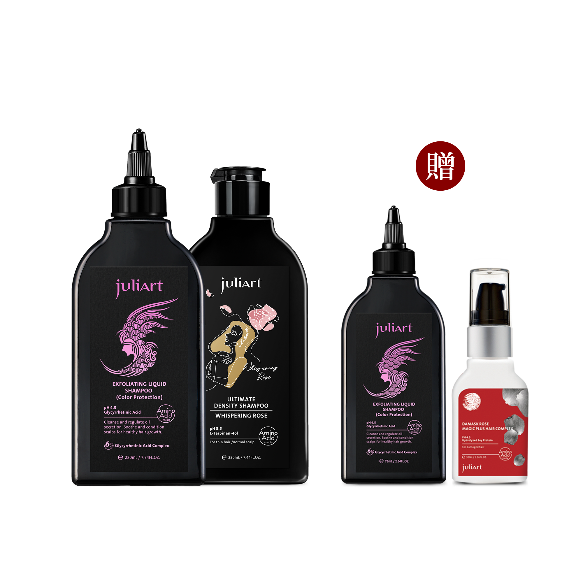 juliArt覺亞 甘草次酸角質淨化液(護色版)220mL+健髮賦活胺基酸洗髮精(馥玫絮語)220mL 贈 甘草次酸角質淨化液(護色版)75mL+大馬士革玫瑰精萃魔髮精靈30mL  ▶70C002